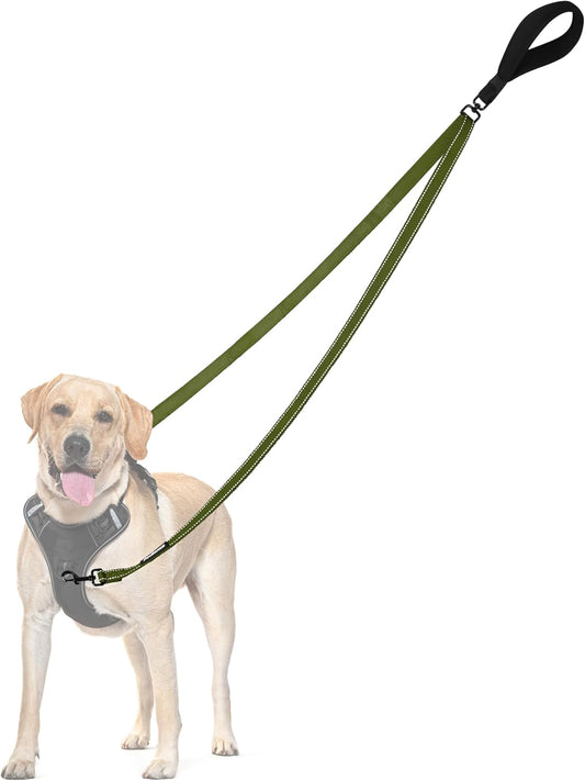 PetBonus Two Point Control Dog Leash, Works with No Pull Harnesses, No Tangle Dog Training Leashes, No Pull Padded and Reflective Walking Lead, Converts to Single Leash for Large Dogs (Khaki Green)