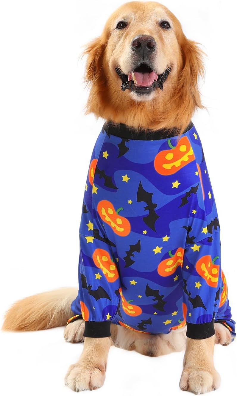 HDE Dog Pajamas One Piece Jumpsuit Lightweight Dog PJs Shirt for M-3XL Dogs Starry Pumpkins - L