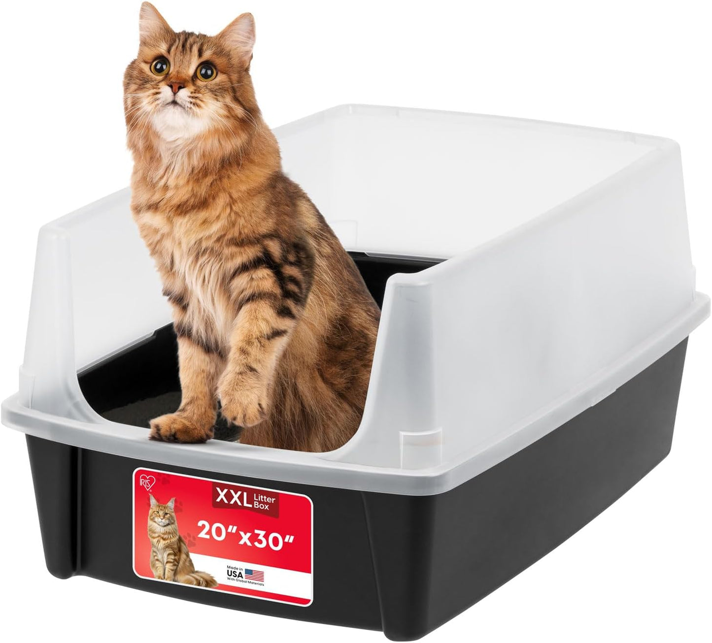 IRIS USA XX-Large Cat Litter Box, Open Top Extra Large Litter Box for Big Cats and Multi-Cat Households, High Sided Scatter Shield, Easy to Clean, 30" L x 20" W x 14" H, Black