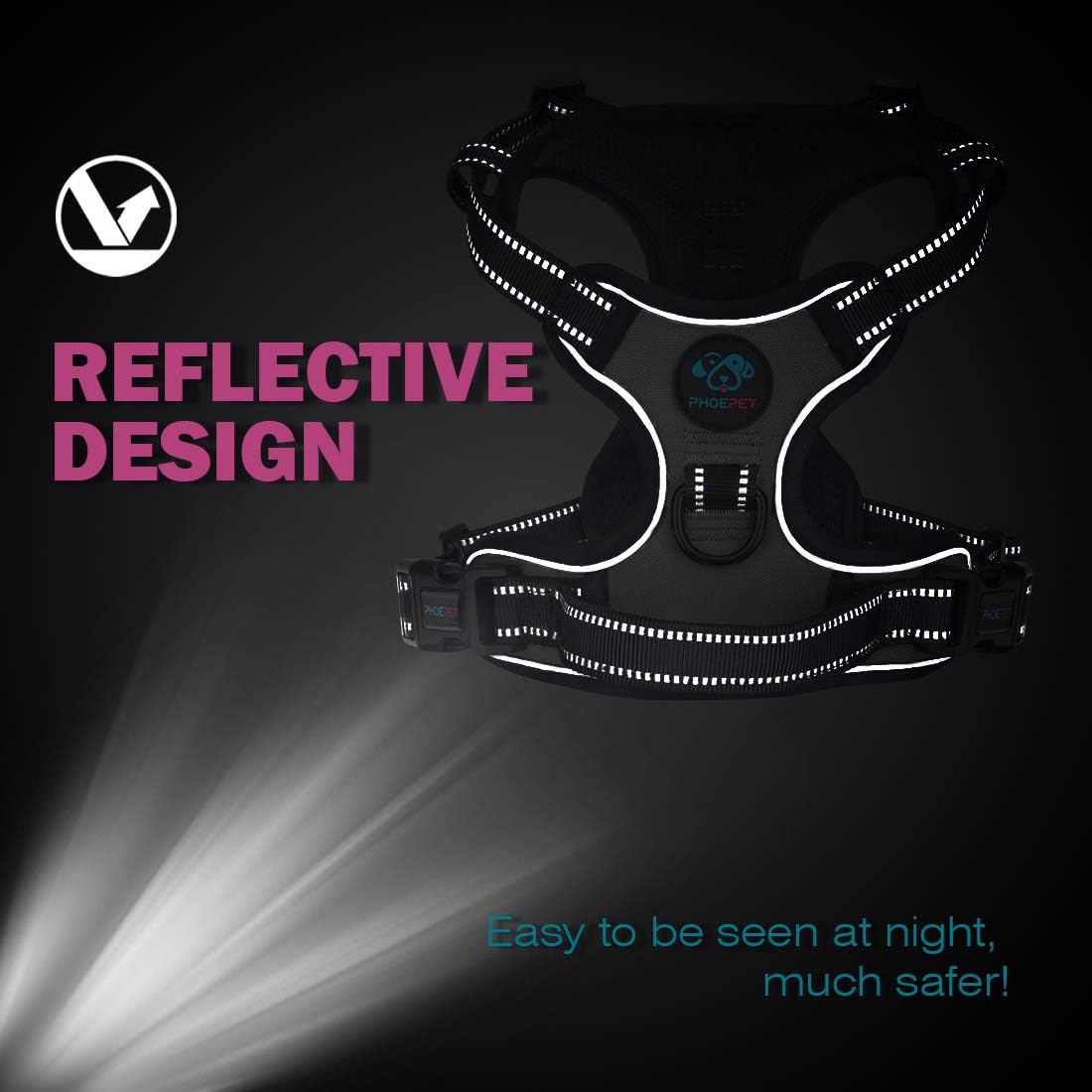 PHOEPET No Pull Dog Harness Medium Reflective Front Clip Puppy Vest with Handle,Adjustable 2 Metal Leash Attachment Hooks(M, Orange)