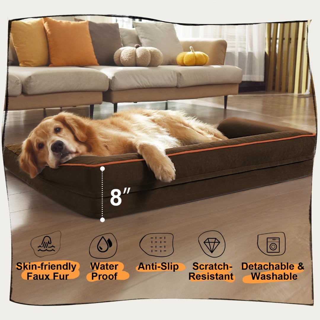 Large Dog Bed Orthopedic Washable - Memory Foam Couch Sofa - XXL Large Big Dogs - Beds Bolster Pet - Waterproof with Removable Cover - Coffee Dog Bed