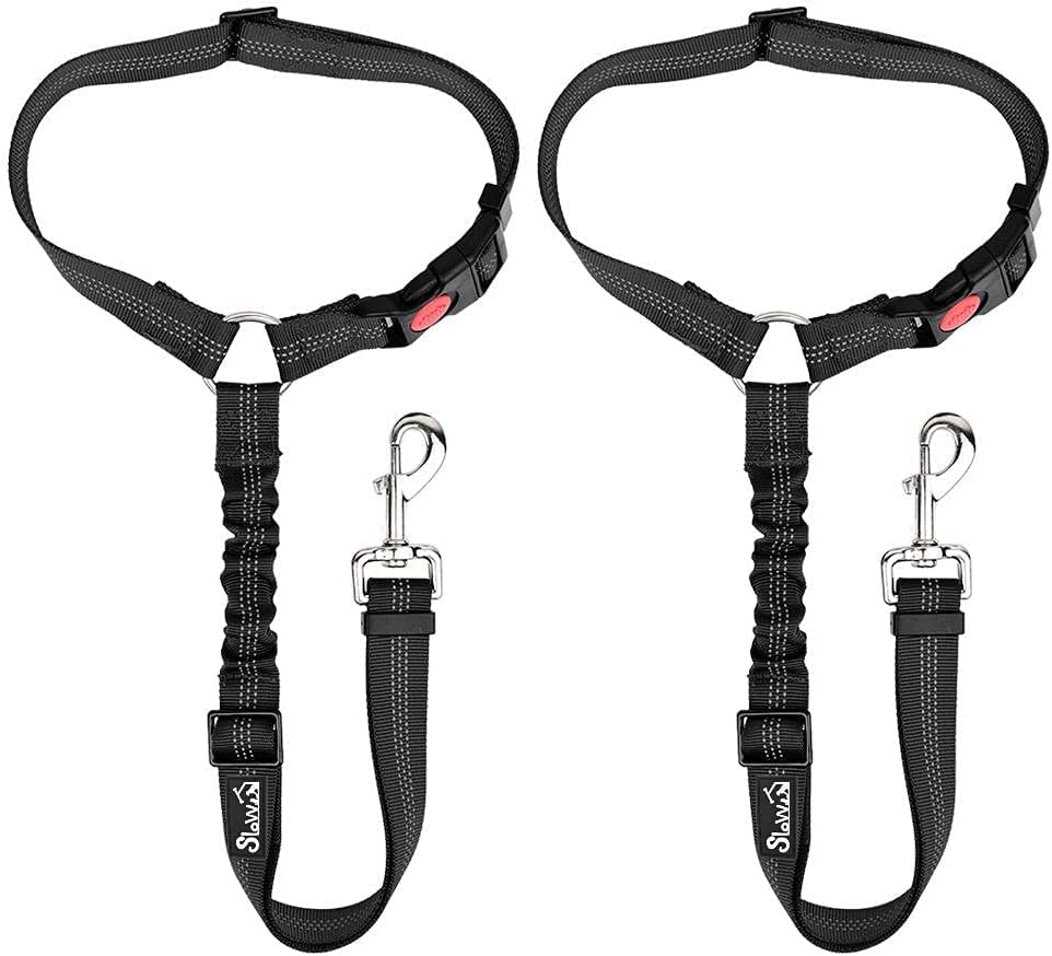 SlowTon Dog Seat Belt for Car, 2 Pack Dog Car Harness Seatbelt Adjustable with Elastic Bungee Buffer, 2 in 1 Pet Car Leash Headrest Restraint Dog Reflective Safety Tether (Black, Headrest)
