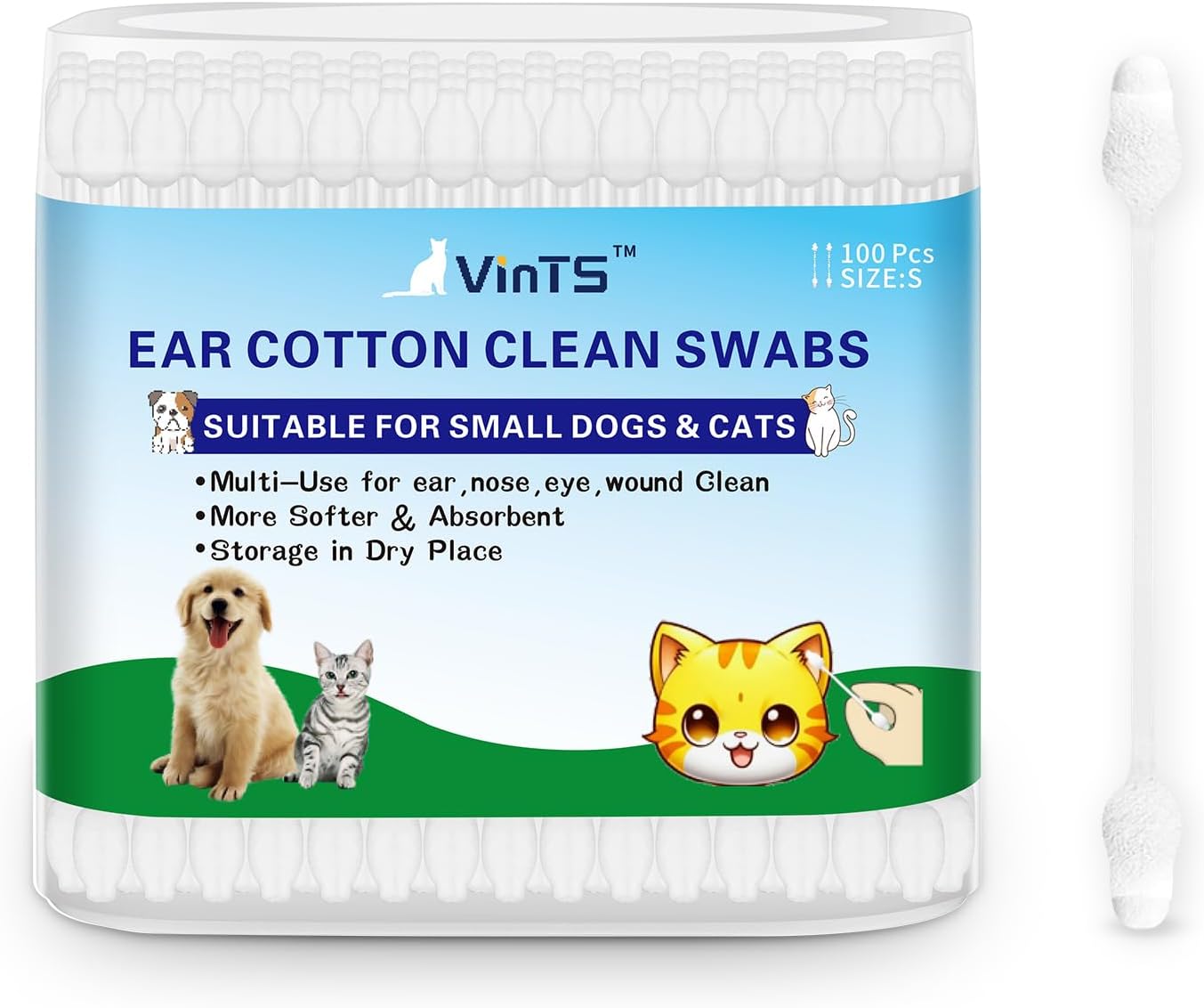 VinTS 100 PCS Cotton Dog Ear Cleaning Swabs, Pet’s Ear Infection Treatment Gourd-Shaped Swabs Prevent Accidental Injuries, Safer Cleaning for Dogs and Cats– Small Size.100% Cotton