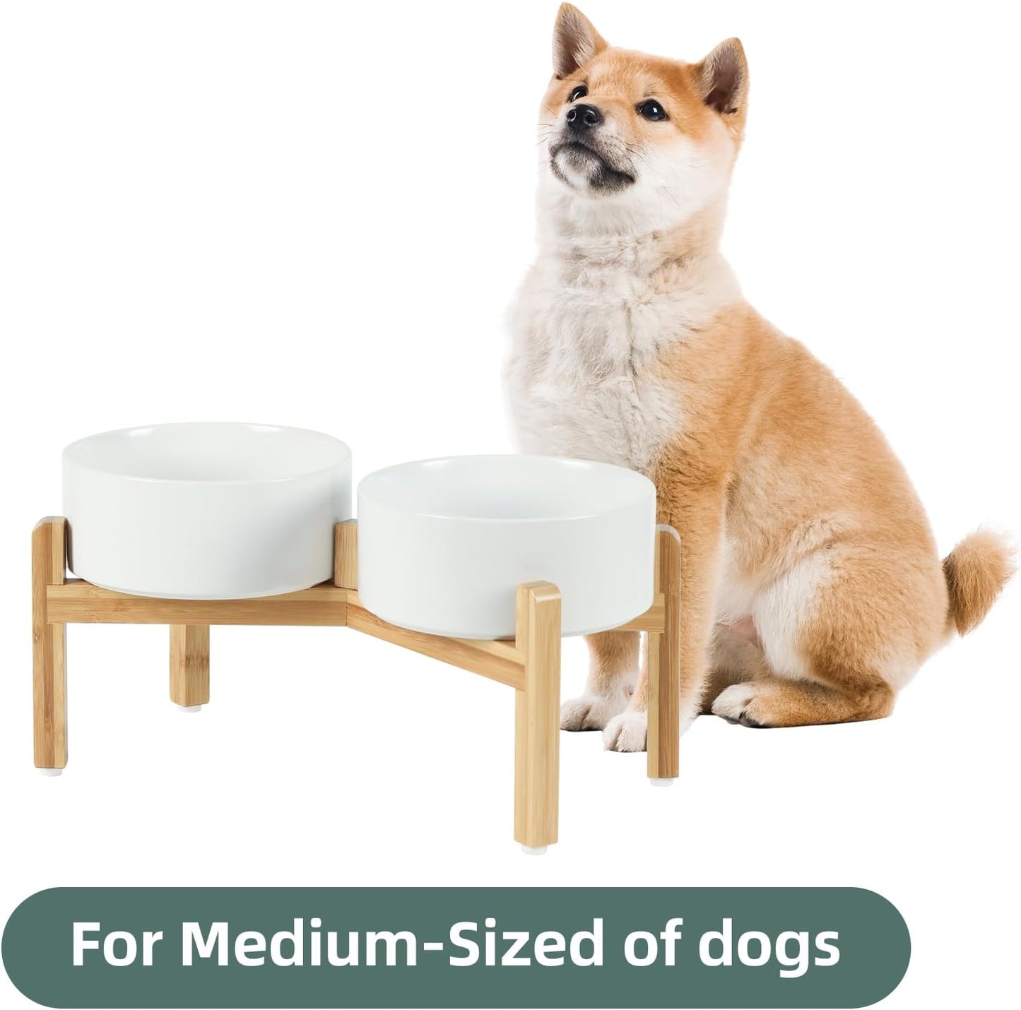 Ceramic Raised Double Bowls Set with Stand, Food & Water Bowls for Medium Breed Dogs, Weighted Dog Dishes, Pet Bowl(7.3'',41OZ, White)