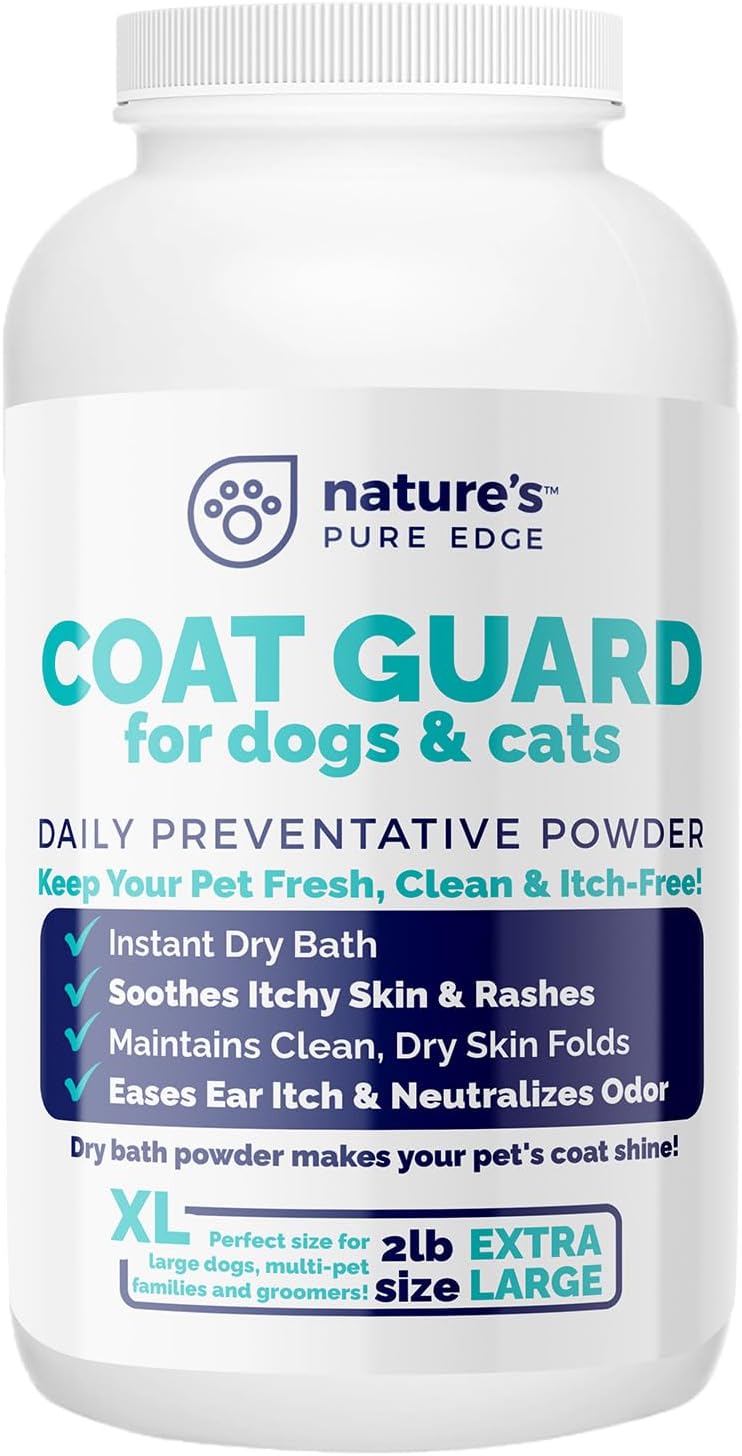 Coat Guard Dry Shampoo for Dogs and Cats - Extra Large 2 lbs Jar, Dog Dry Shampoo Powder, Waterless Dog Shampoo, Anti Itch Relief, Cedar Scented, Anti Dandruff, Hot Spots, Nature's Pure Edge
