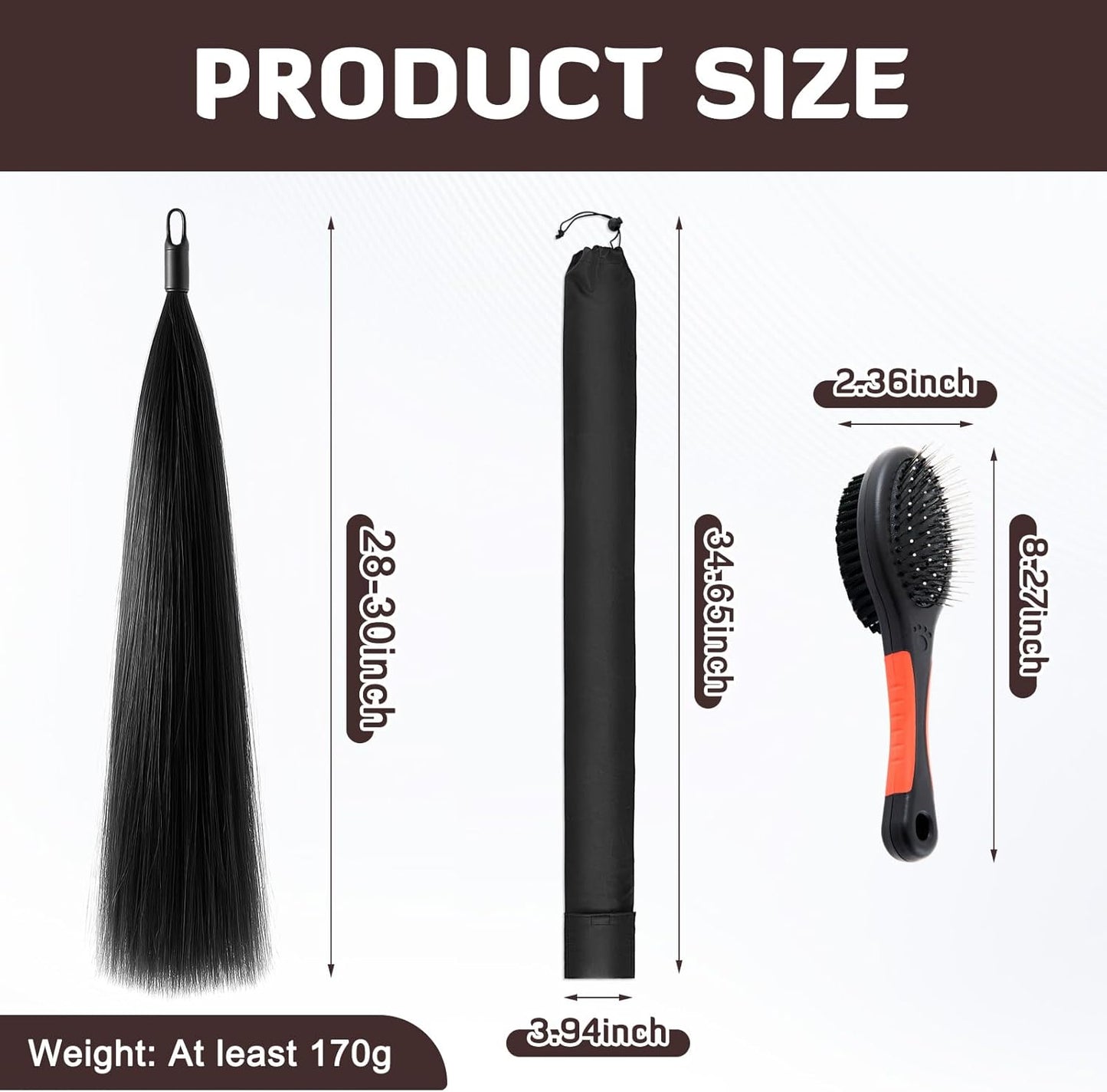 Zeyune 3 Pcs Horse Tail Extensions Set with Braided Horsehair Loop Include Ponytail Comb and Storage Bag, Natural Black for Equestrian Competitions, Horse Shows, Daily Grooming(28-30inch,3/8 lb)