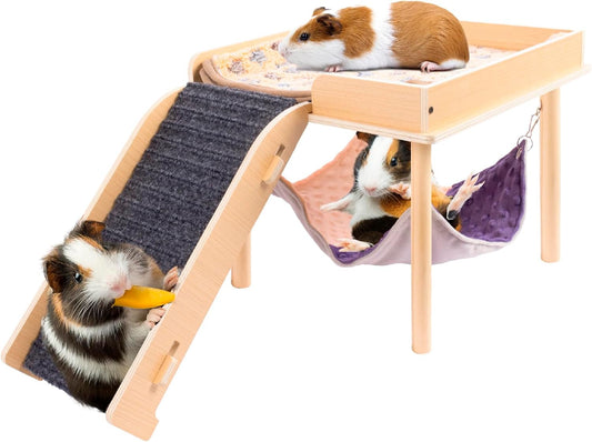 Enlarged Guinea Pig Hammock with Platform and Stairs,Wooden Small Animal Hideout for Guinea Pigs Bunny Ferret Hamster Hiding Sleeping Activities(Single)