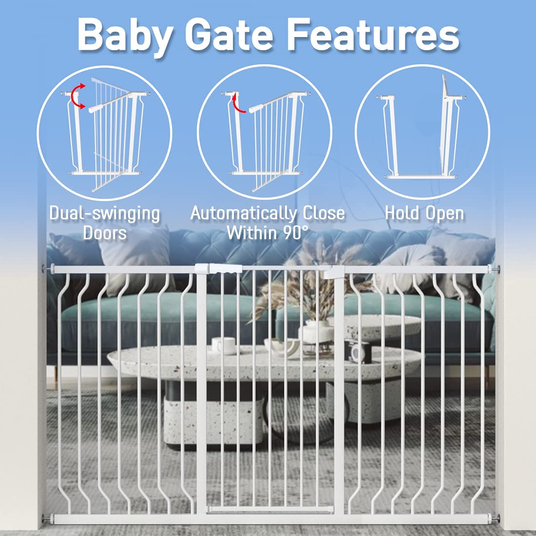WAOWAO Extra Tall 40.55" Baby Gate 29.92-46.85" Wide Pressure Mounted Walk Through Swing Auto Close Safety White Metal Toddler Child Dog Pet for Indoor Stairs,Doorways,Kitche