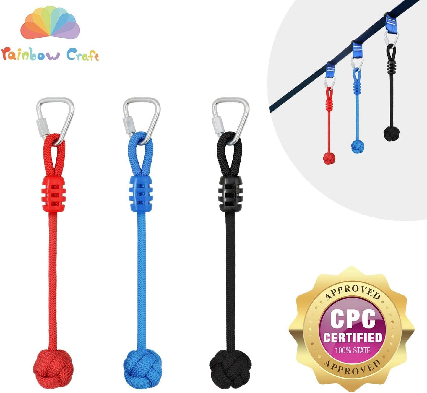 Rainbow Craft 3-Pack Ninja Fist Holds for Warrior Obstacle Course - Slackline & Monkey Bar Accessories, Kids Backyard Ninja Training Equipment