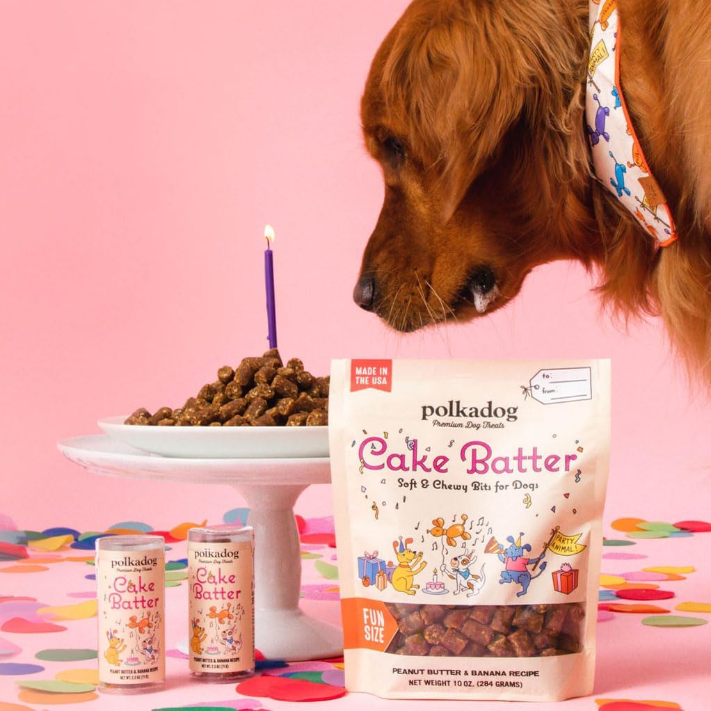 Polkadog Cake Batter Dog Treats – Soft & Chewy Premium Birthday Treats with Peanut Butter & Banana – Healthy, Limited Ingredient, Training Size for All Dog Breeds & Ages – Natural, Made in USA – 10 oz