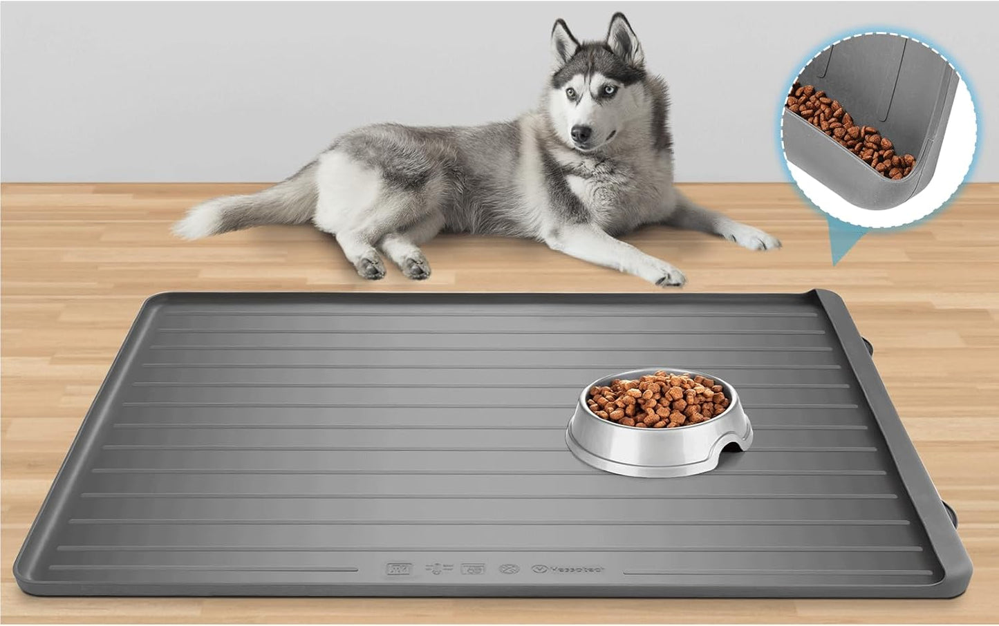 Dog Feeding Mat - 39''x27'' Large Silicone Pet Food Mats with Residue Collection Pocket and High Edges, Floors Waterproof Dog Cat Bowl Mat Prevent Water Food Spills, Light Grey
