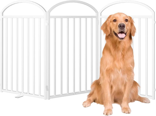 3 Panles Full Matel Freestanding Dog Gates with Door, 72"Extra Wide 32"Tall Free Standing Dog Pet Gate for Indoor & Outdoor. Foldable Pet Fences for Doorways, House, Stairs, Porch, Deck, Yard