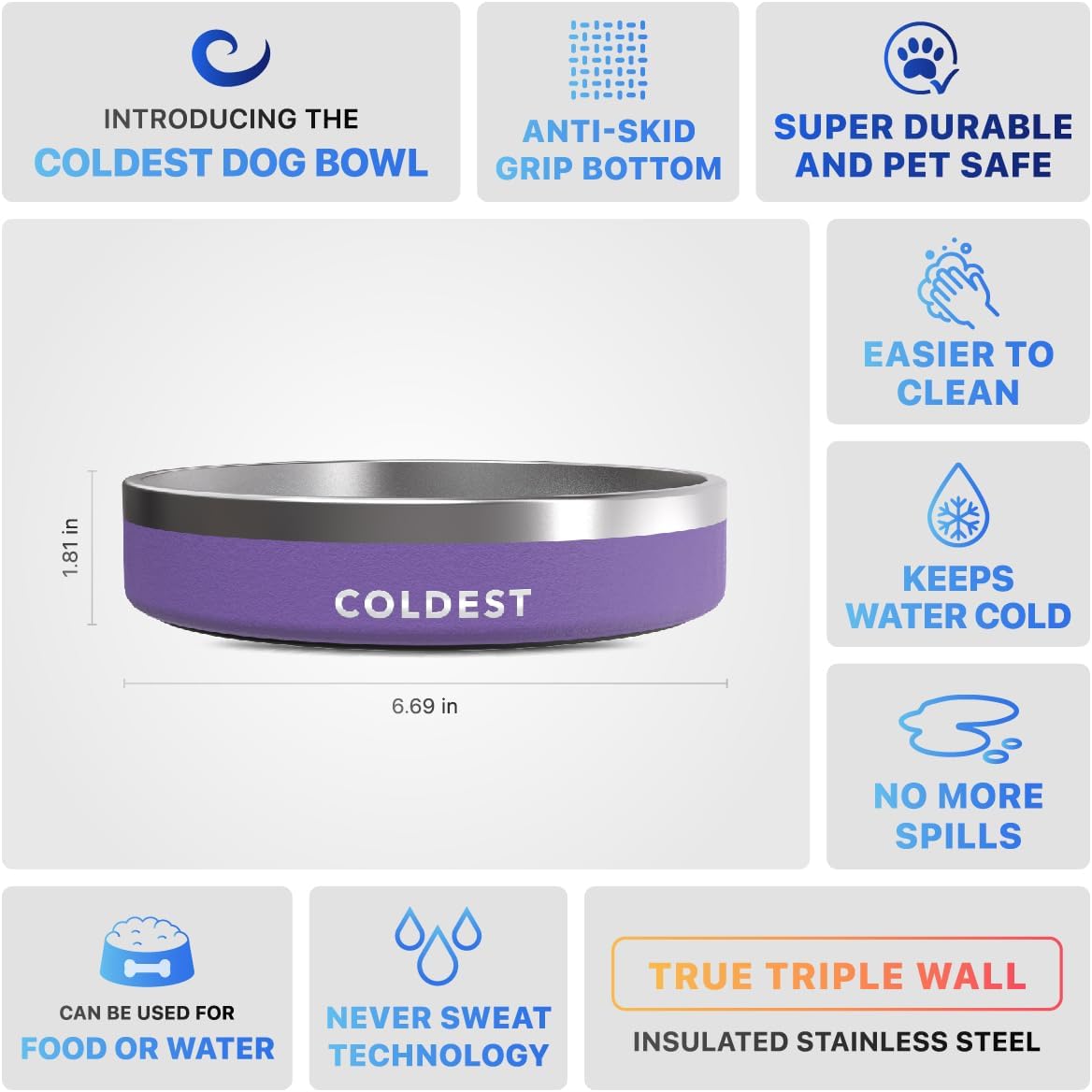 Coldest Dog Bowl - Anti Rust Metal, Non Slip, 3 Layers Insulated Stainless Steel Dog Bowls - Spill Proof & Heavy Duty - Water Bowl for Dogs, Cats & Pets, Dish Washer Safe (21 oz, Galaxy Purple)
