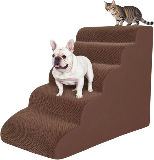 5 Step Pet Stairs Ramp for High Beds Sofas 5-30 Inch with Sturdy Non Slip Waterproof Pads, Machine Washable Cover Indoor Balanced Design for Cats Dogs Small Medium Large XL Pets Grey (Brown, Large, 1)