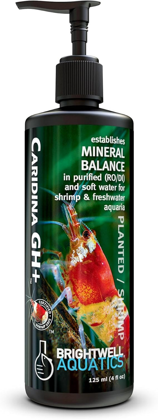 Brightwell Aquatics Caridina GH+ Mineral Supplement Restores Calcium Magnesium Potassium Sodium in Soft RO/DI Water for Shrimp Breeding and Plant Health, 125 ml