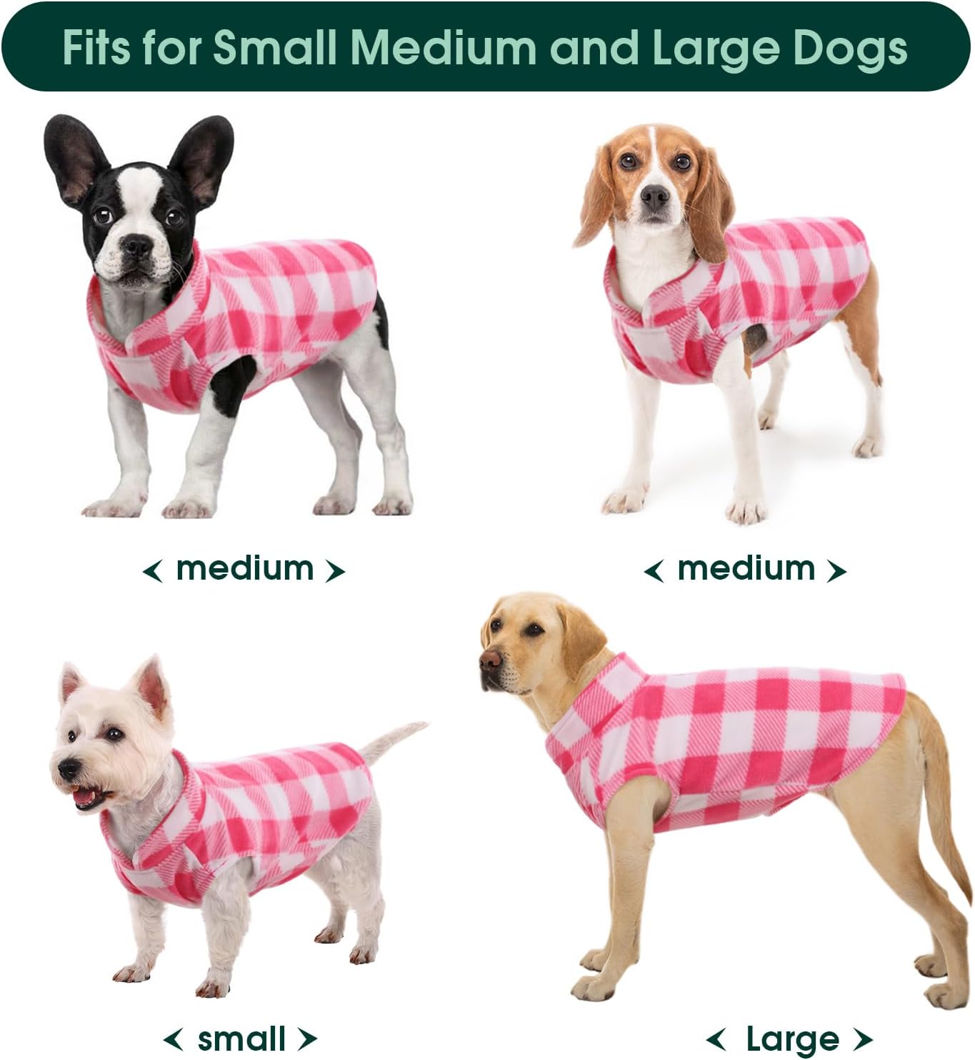 Kuoser Dog Fleece Vest,Warm Plaid Dog Sweater with Leash Hole,Soft Turtleneck Winter Pet Jacket Dogs Coat Pullover Clothes for Small Medium Dogs Cats,Spring Fall Cold Weather Christmas Outfit,Pink XXS
