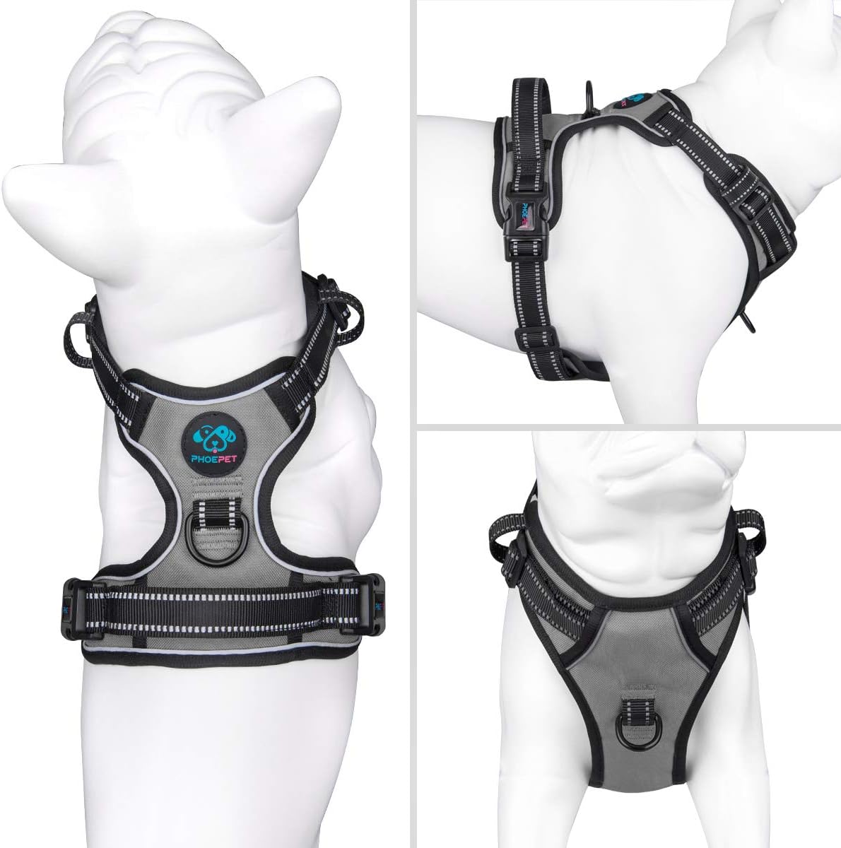 PHOEPET No Pull Dog Harness Medium Reflective Front Clip Vest with Handle, Adjustable 2 Metal Rings 2 Buckles(M, Grey)