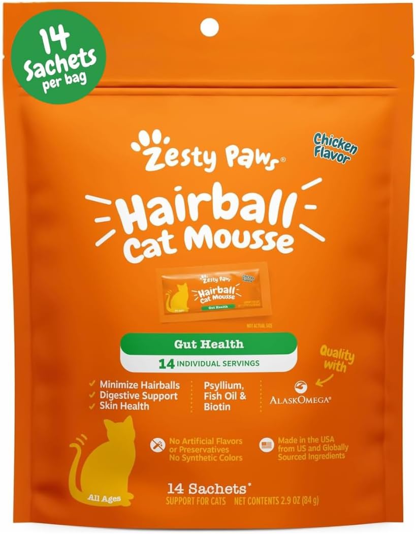 Zesty Paws Hairball Cat Mousse - Hairball Treats for Cats Digestive Support - Lickable Cat Vitamin Treats for Skin & Gut Health - Squeezeable Puree Tube for Furball Relief - Chicken 14ct