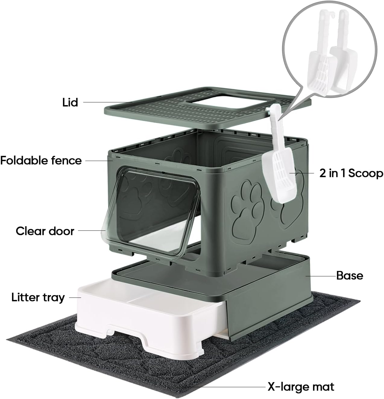 Cat Litter Box with X-Large Litter Mat and Scoop, Large Foldable Litter Box with Lid, Enclosed Kitty Box,Front Top Entry Exit, Odor Control Easy to Clean (Upgrade Olive Green)