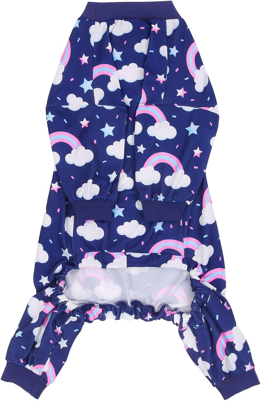 HDE Dog Pajamas One Piece Jammies Jumpsuit Pet Clothes Outfit Stretchy Lightweight Comfy Shirt Pjs for M-3XL Dogs Rainbows - 3XL