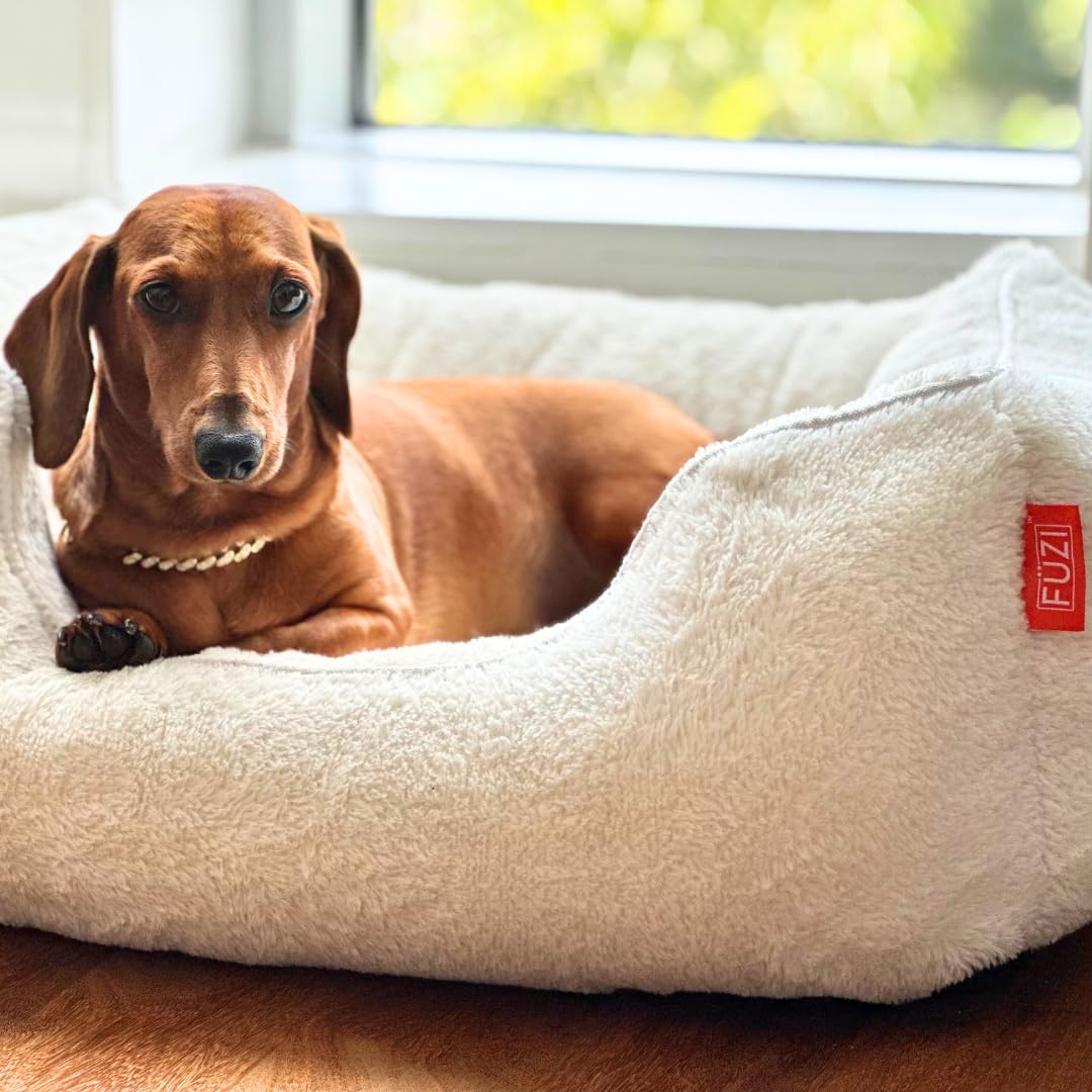 FUZI Luxury Aesthetic Dog Bed for Large Dogs with Washable Cover, Pet Couch, Pet Bed with Sides, Non-Slip Bottom, Soft and Durable Calming Dog Bed, Faux Rabbit Fur, Large 35.6x28.5x9.5 Soft White