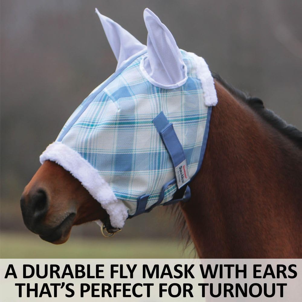 Schneiders Dura-Mesh Plaid Fly Horse Mask with Ears | Ultra-Durable 1000D Mesh | 70% UV Protection | Breathable Open Weave | Color Blue Plaid | Size Full Size
