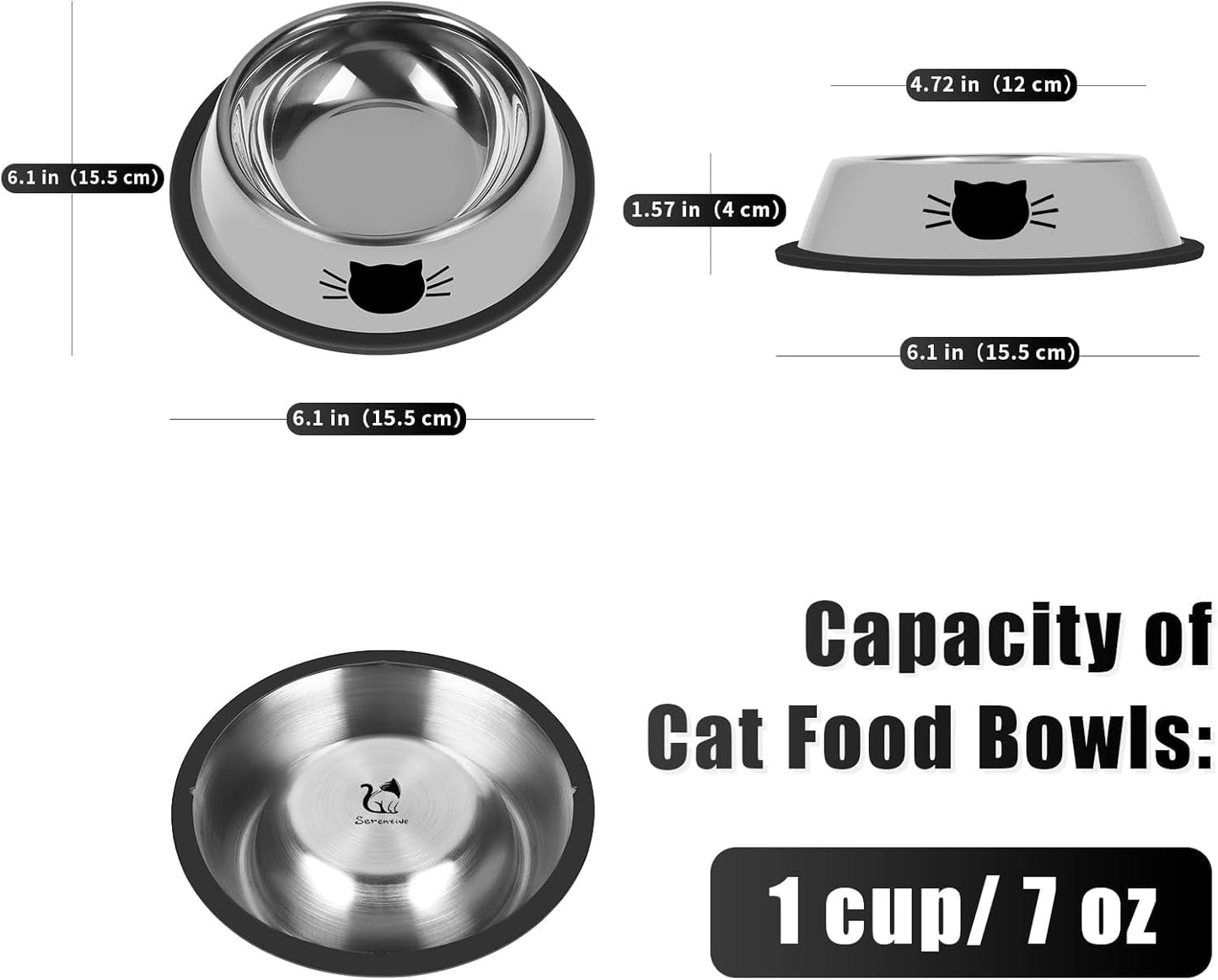 2 Pcs Non-Slip Stainless Steel Small Cat Food Bowls - Unbreakable, 7 Oz, Removable Rubber Base, Easy to Clean, Lovely Color