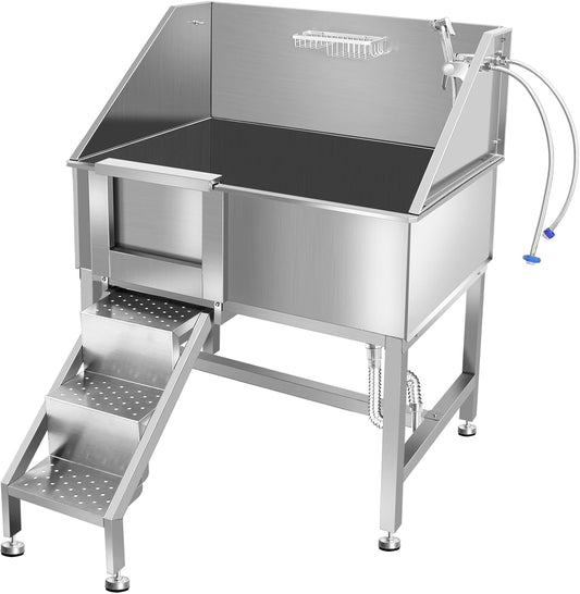 38" Pet Dog Bathing Station W/Ramp, Professional Stainless Steel Dog Grooming Tub W/Floor Grate, Faucet, Dog Bathtub for Large,Medium, Small Pets, Washing Sink for Home,L-RAMP
