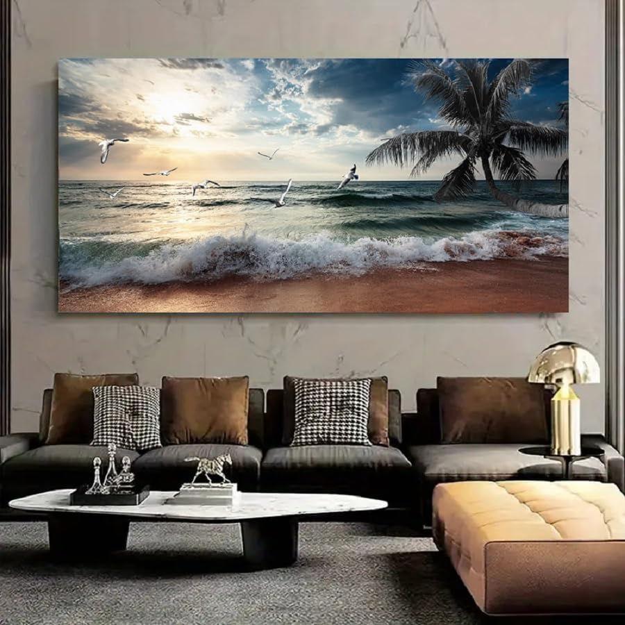 Yxbhhym Large Canvas Wall Art Beach Ocean Prints Art Coast Sunset Sea Paintings Poster Scenery Picture Palm Artwork for Wall Art Living Room Bedroom Office Decorations Framed-30x60inches