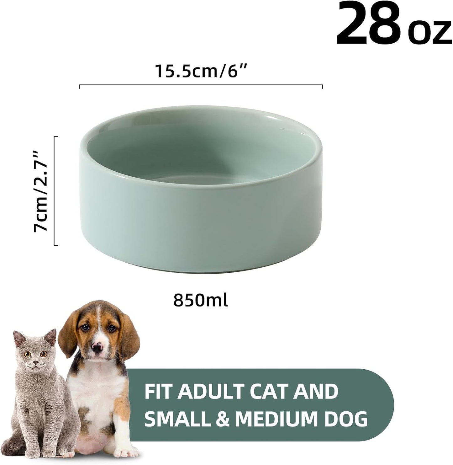 Ceramic Set of 2 Dog Bowls, Food and Water Bowls for Dogs, Puppy, 2pcs Dog Dishes, Pet Feeder(6inch, 2 x Light Green Bowls)