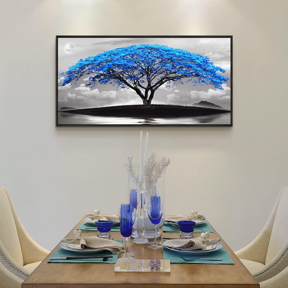 Framed Canvas Wall Art For Office Large Size Living Room Wall Decor Bedroom Decor Wall Pictures Artwork Black And White Landscape Blue Tree Moon Wall Painting Home Decorations Black Frame 24" X 48"