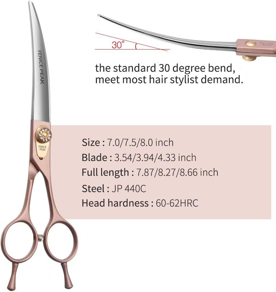 Fenice Peak Professional Curved Dog Grooming Scissors 8'' Rose Gold 440C Stainless Steel Pet Cutting Shears Safety Trimming Shearing for Dogs Cats