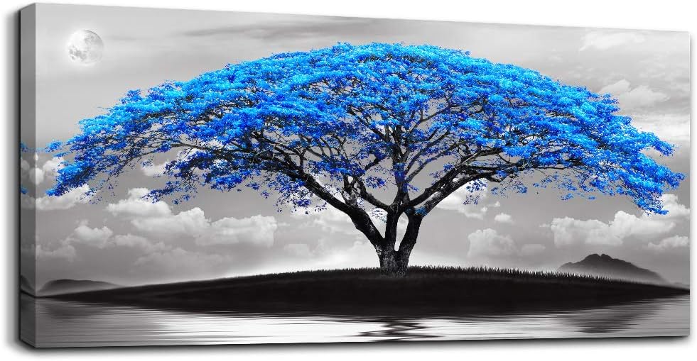 canvas wall art for living room bathroom Wall Decor Black and white landscape Blue tree moon painting to Hang Home Decorations for office bedroom kitchen Works canvas Prints pictures 20" x 40"inch