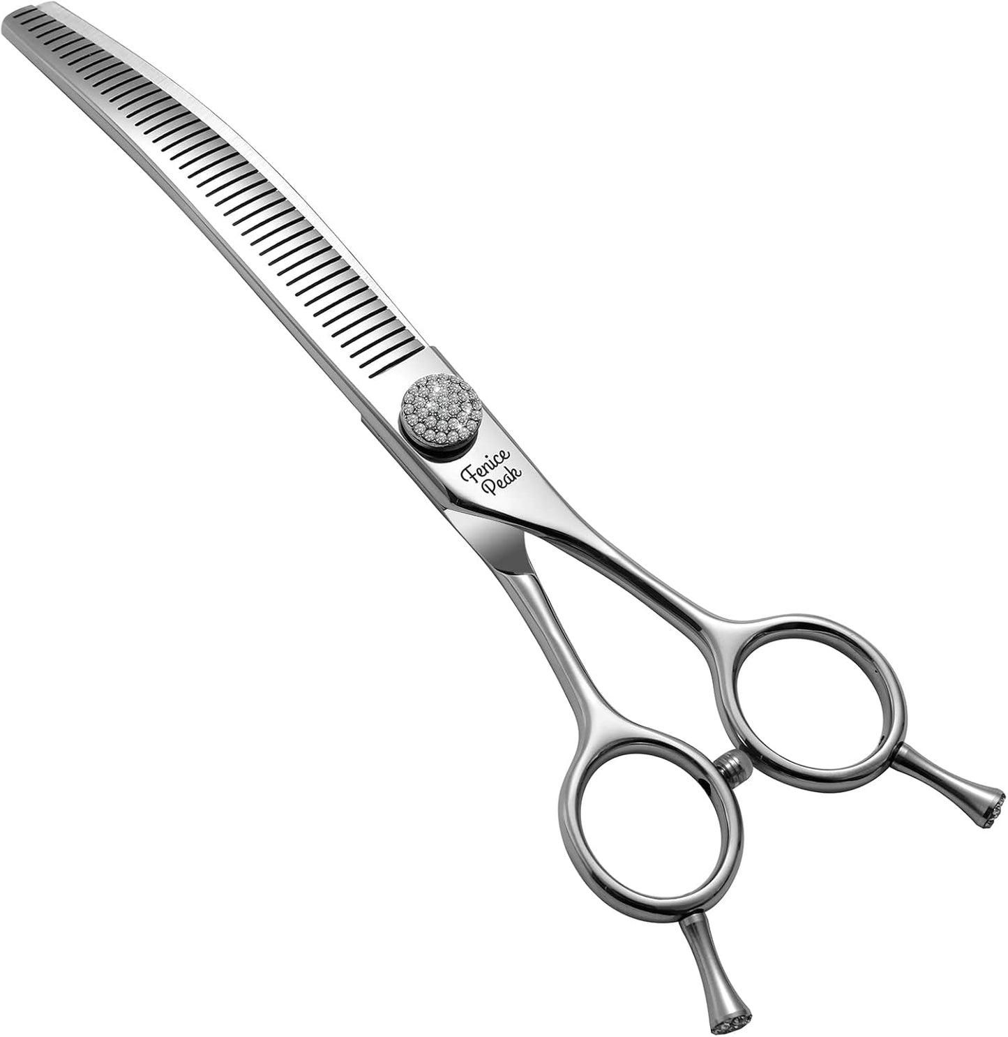 Fenice Peak 7.5‘’ Curved Thinning Dog Grooming Scissors with Jewelled Screw 440C Stainless Steel Pet Grooming Bulking Shears with Symmetrical Handle and Decorative Tail Nails Fluffy Scissors