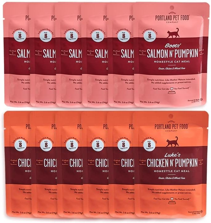 Human-Grade Mixed Variety Pack Wet Cat Food Pouch — Moist, Soft Cat Food Mixer, Topper, and Rotational Meal (6 Chicken, 6 Salmon) by Portland Pet Food Company