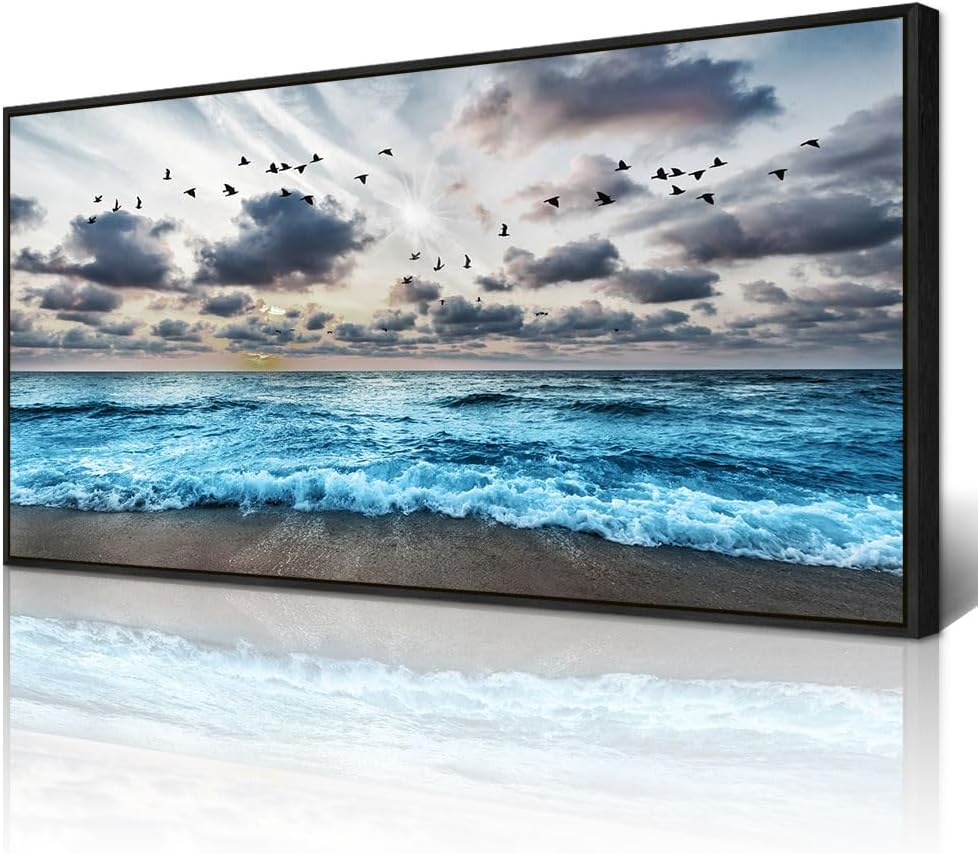 Wapluam Large Wall Decoration For Living Room Black Framed Canvas Wall Art For Bedroom Office Wall Decor Black And White Wall Painting Blue Sea Wave Pictures Artwork Modern Hotel Room Home Wall Art