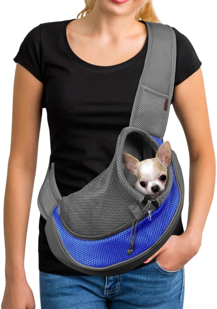 YUDODO Pet Sling Carrier for Small Dogs & Cats – Hands-Free Puppy Carrier with Safety Hook, Large Zipper Pocket, Soft Breathable Mesh, Adjustable Strap & Reflective Strip (Blue 1.0 L)