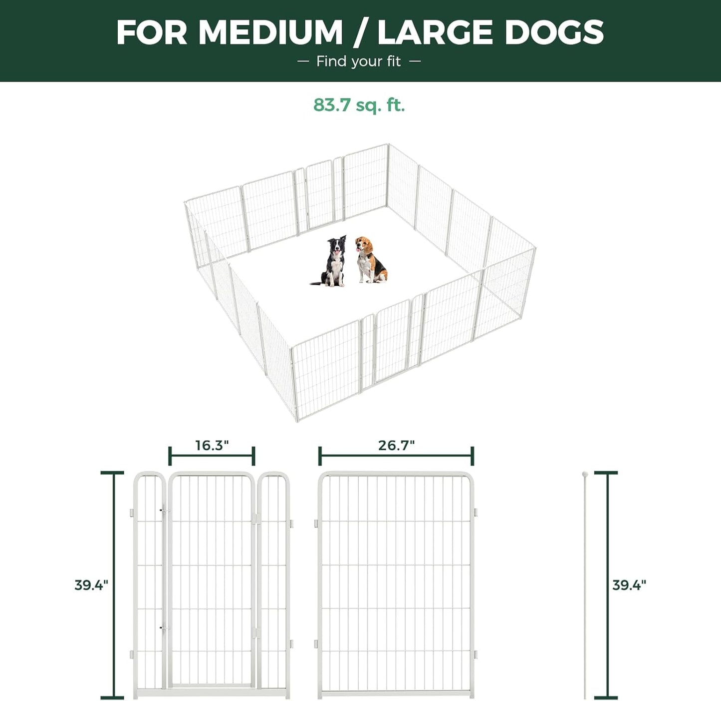 FXW Homeplus Unleashed Indoor Dog Playpen - Stress-Free and Safe Play, Heavy Duty 40 Inch 16 Wire Panels Dog Pen for Medium and Large Dogs, White│Patented