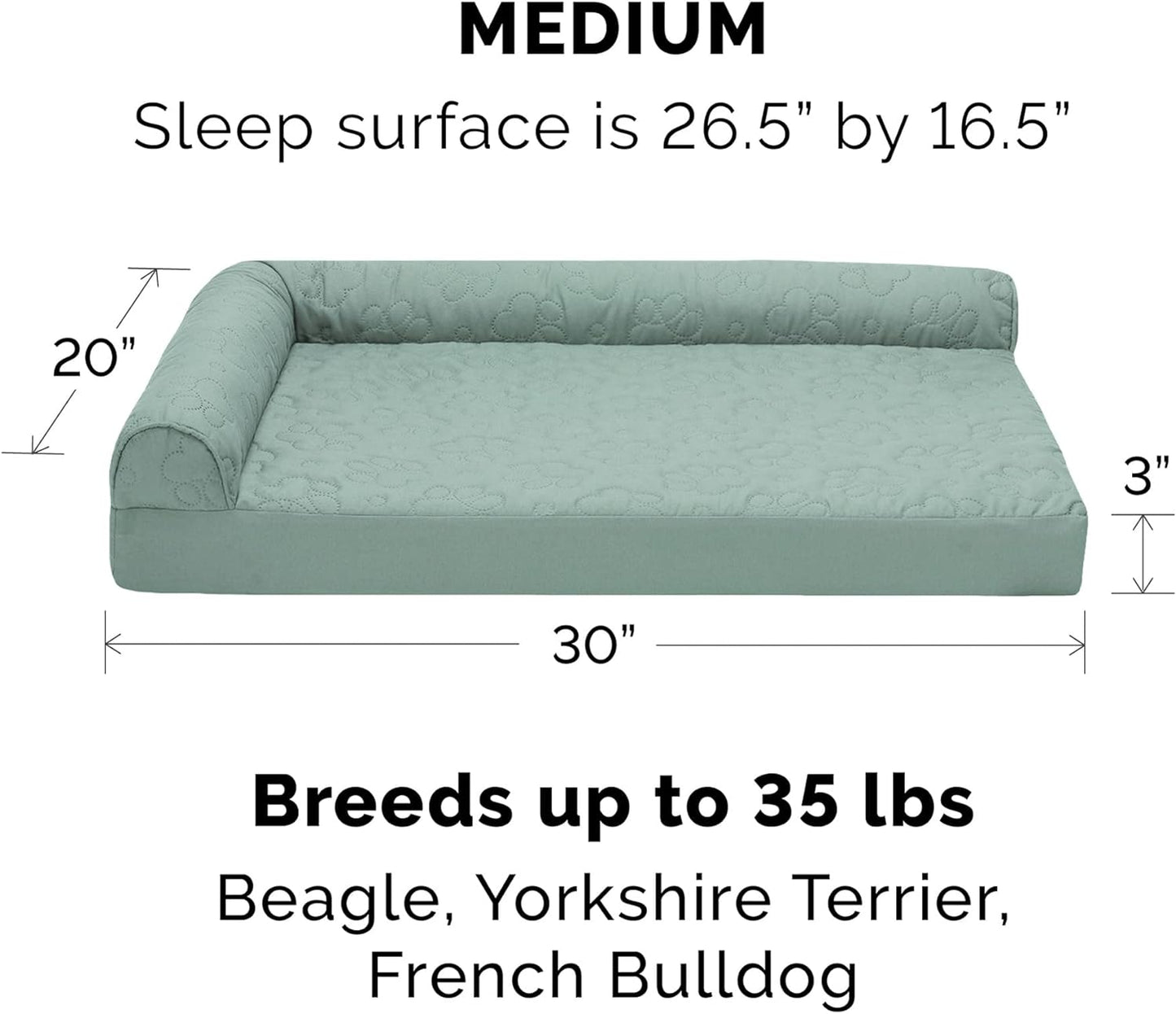 Furhaven Cooling Gel Dog Bed for Medium/Small Dogs w/ Removable Bolsters & Washable Cover, For Dogs Up to 35 lbs - Pinsonic Quilted Paw L Shaped Chaise - Iceberg Green, Medium