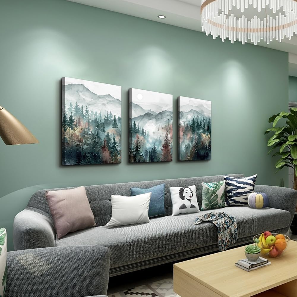 TTHYUEWS Farmhouse Wall Art For Bedroom Wall Decor For Living Room Wall Pictures for Office Fog Forest Mountain Landscape Watercolour Painting Artwork Modern Home Decorations Ready To Hang 3 Piece