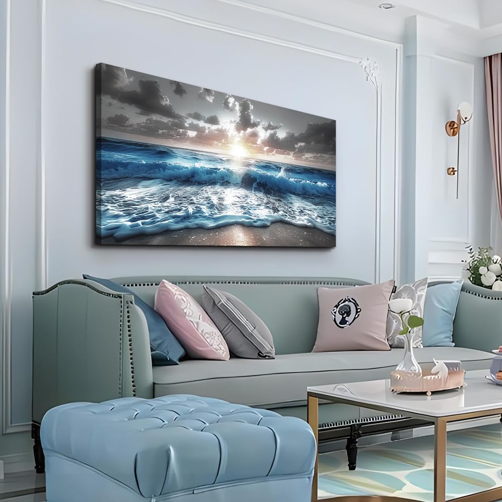 hyidecorart Blue Sea Waves Wall Pictures Framed Wall Art For Living Room Canvas Wall Decor For Office Sunshine Beach Painting Bedroom Home Decorations Prints Posters Mural Artwork Ready To Hang