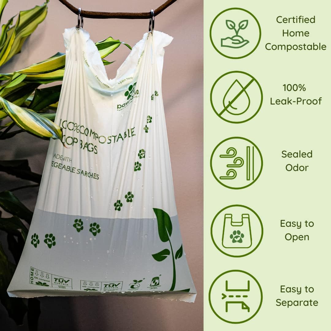 Pawtria Certified Home Compostable Dog Poop Bags (120) + Paper Dispenser, Biodegradable Poop Bags, Cat Litter, Vegetable Starches, Leak proof Dog Waste Bags, Easy to Open, Extra Thick