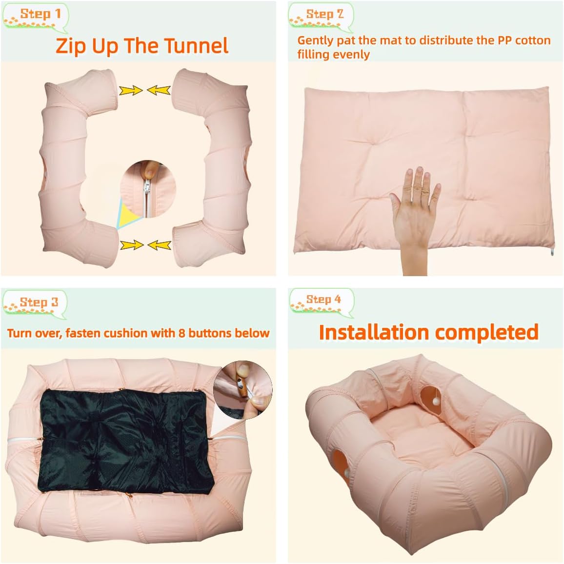 XxingSheep 4 Ways Shuttled XL Cat Tunnel Bed for Indoor Cats Peekaboo Cat Cave Donut with Cool Mat (Pink)