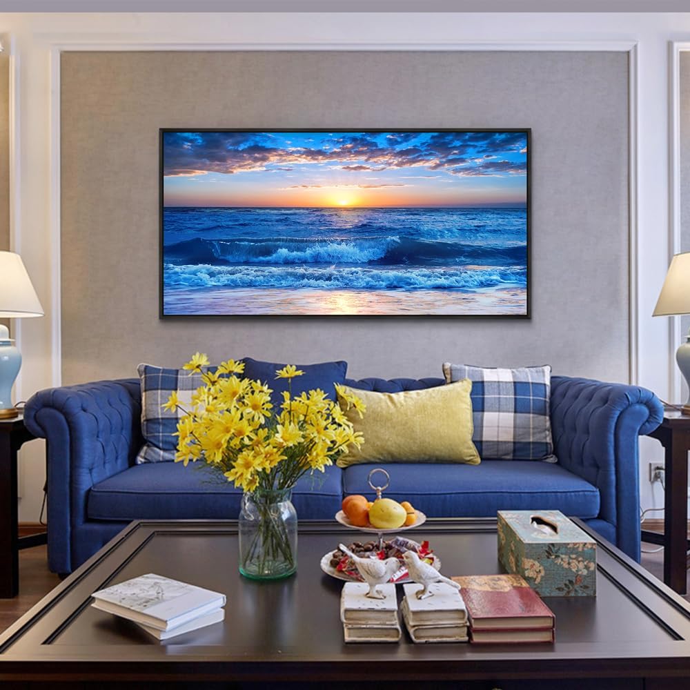 Wapluam Canvas Wall Art For Living Room Large Wall Decor For Bedroom Office Wall Decorations Blue Ocean Beach Wall Painting Sunny Sea View Wave Wall Pictures Artwork Room Home Decor Black Framed