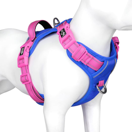 PHOEPET No Pull Dog Harness, Unique Colors Reflective Adjustable Dog Vest, with Soft Training Handle Metal Clips for Small Medium Large Dogs (Royal Blue Base & Pink Straps,S)