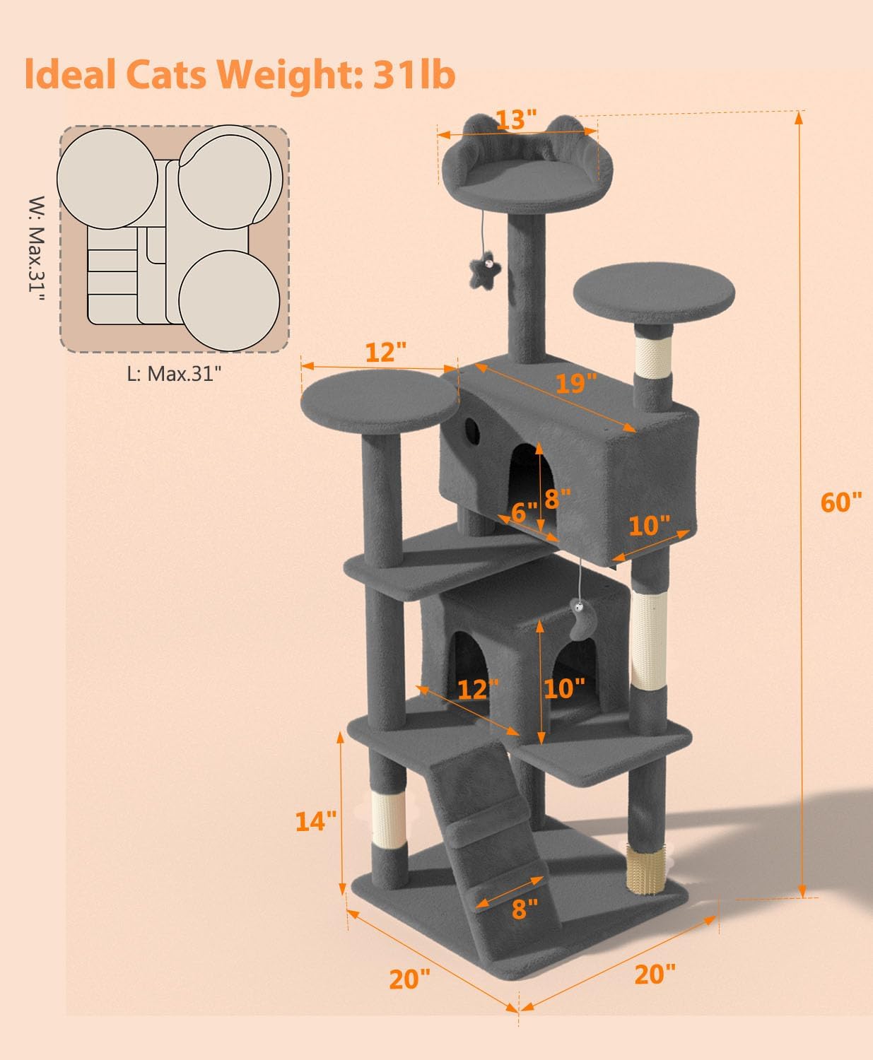 60" Cat Tree Tower for Indoor Cats Large Adult,Cute/Tall Modern Cat Tree for Big Cats 20 lbs, Plush Multi-Level Cat Condo with Scratching Posts,Dangling Ball (Smoky Gray, 60 inch)