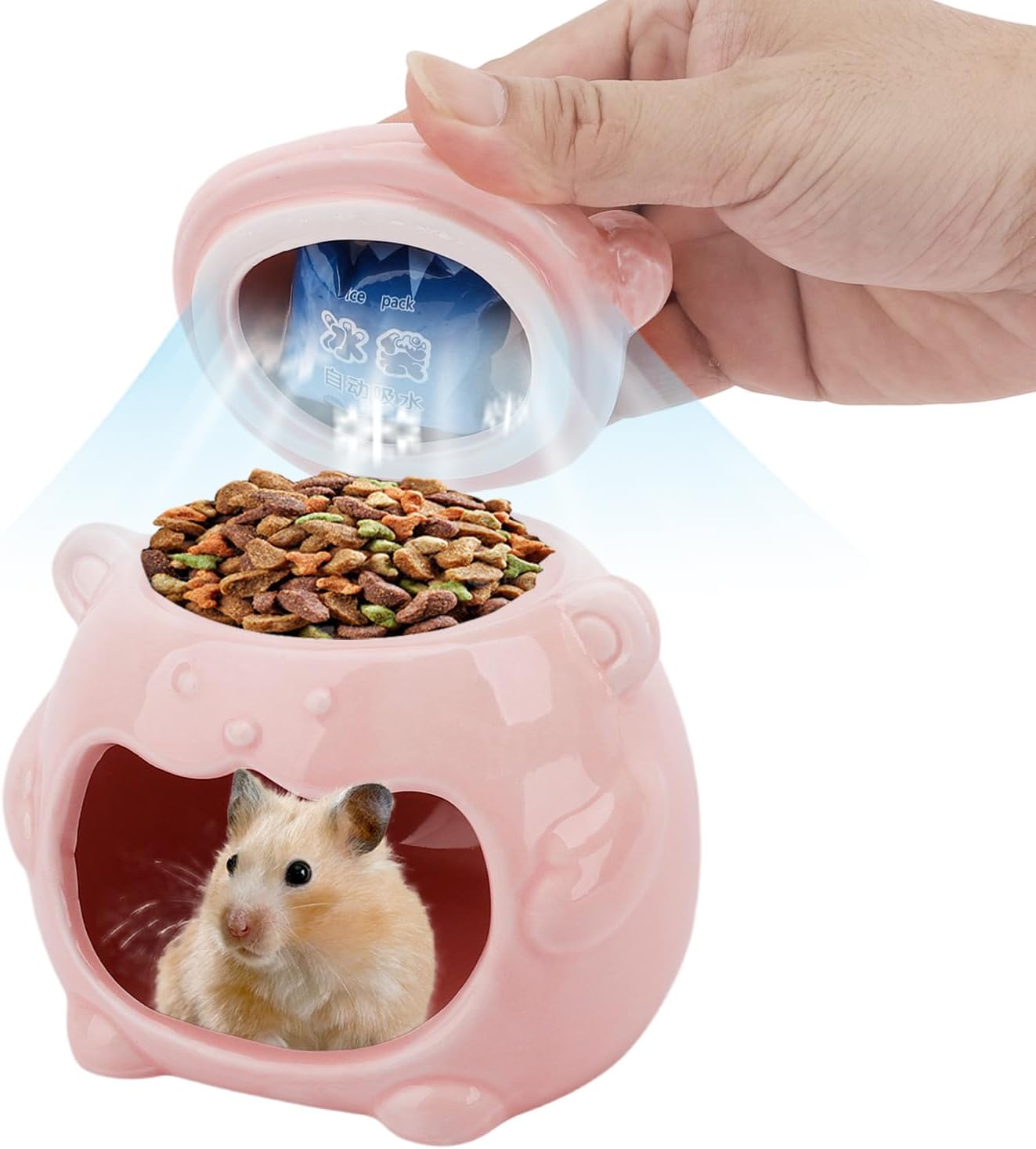 3-in-1 Bear Shaped Ceramic Hamster House - Cool House for Syrian Dwarf Hamsters, Mice, Gerbils， Small Pets, Top for Hamster Food, Removable Lid for Ice Packs, Cute Cool Hideout for Summer（Pink）