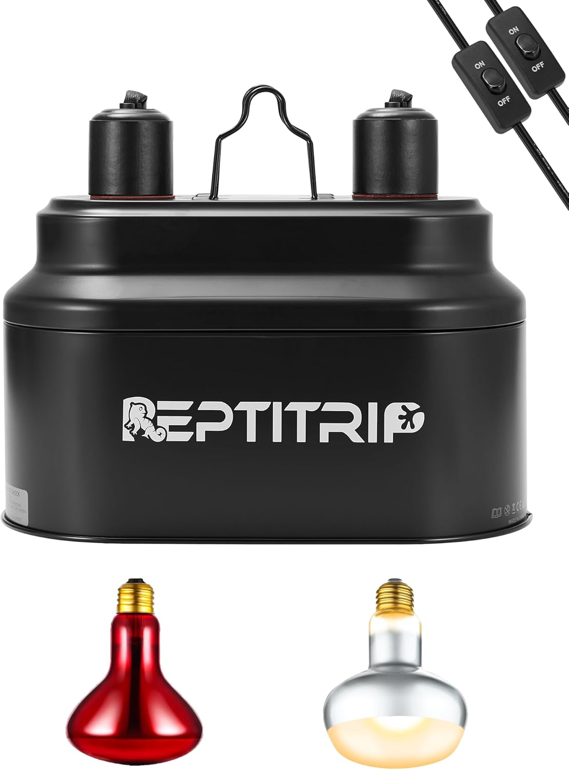 Dual Reptile Lamp Fixture with 100W Daytime Heat & 100W Nighttime Infrared Heat Bulbs, 2 Independent Switches, Reptile Heat Lamp Combo Pack - No UVB
