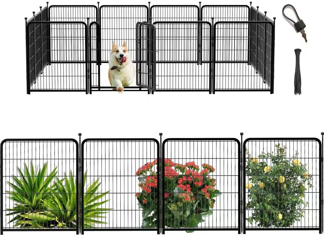 Dog Playpen 32 inch 16 Panels, Puppy Playpen Indoors, Dog Fence Outdoor for Yard, Wide Door Low Threshold Garden Fence for Medium/Large Pets. Black Dog Pens Total 35.4 Ft(L)
