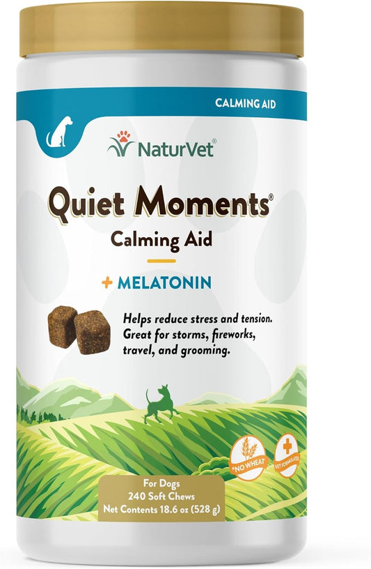 NaturVet Quiet Moments Calming Dog Supplement, Dog Soft Chews with Melatonin to Help Reduce Stress from Storms, the Vet, Fireworks, and Travel, Bacon and Chicken Flavored Pet Supplement, 240 Count Jar